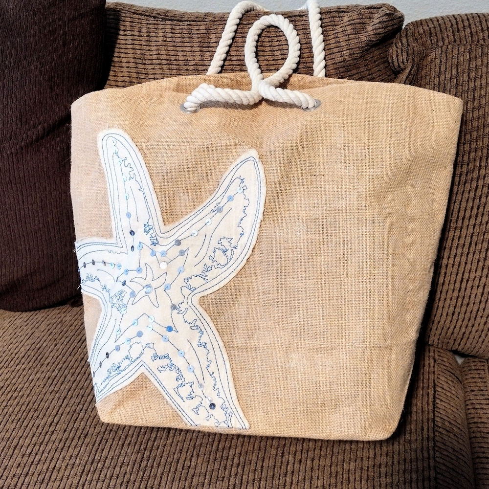 Reusable Beach Jute Burlap Nautical Bag NWOT